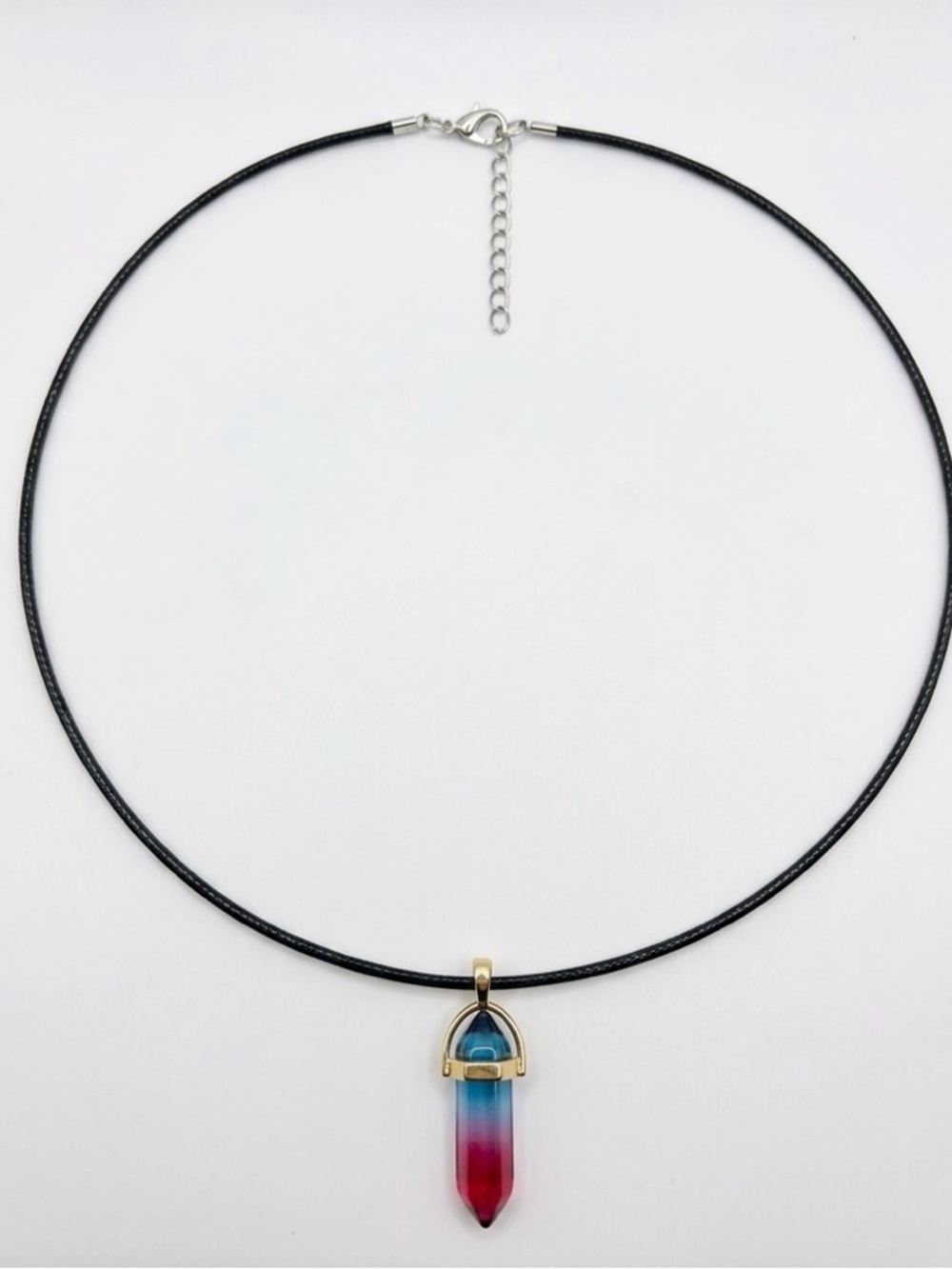 Handmade Resin Crystal Pendant Necklace with Black Cord with Blue-Pink Stone